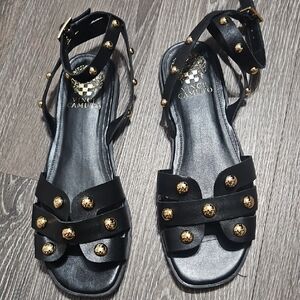 Vince Camuto Black Leather Studded Ankle-Strap Sandals